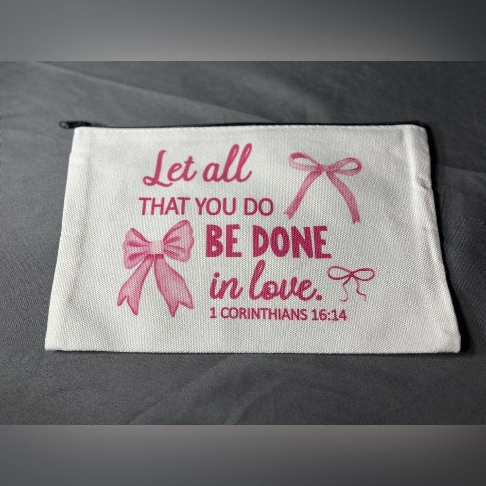 New White Canvas Zipper Pouch with Pink Script & Bow